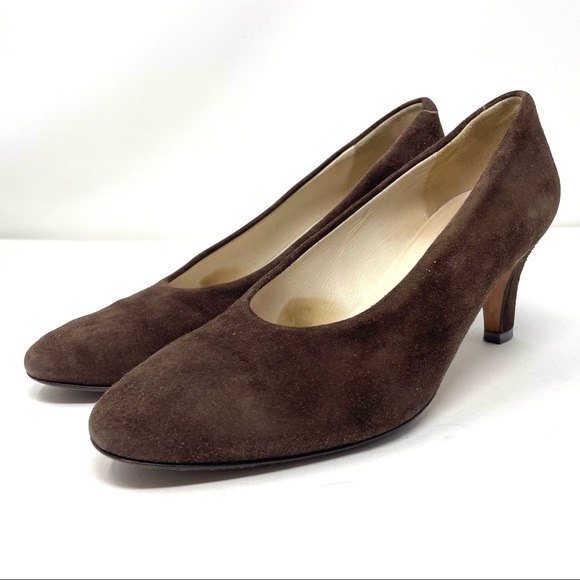 LARRY STUART vintage chocolate brown suede heels, made in Italy, size 7.5 - Picture 2 of 12